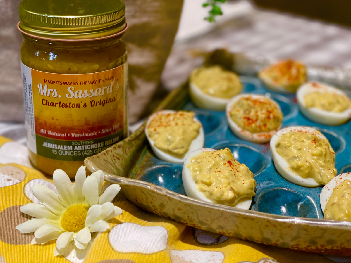 Extra Yummy Deviled Eggs using Mrs. Sassard's Jerusalem Artichoke Reli