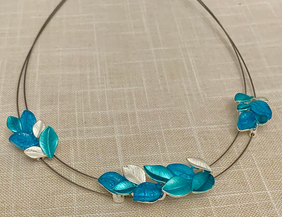 Silver and and blue Leaves Necklace